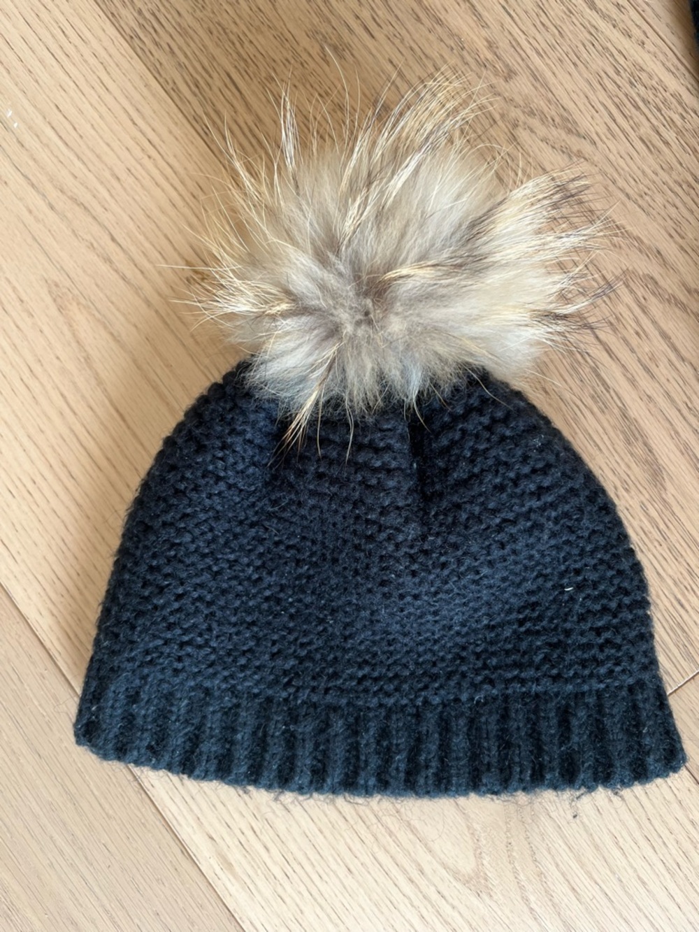 RUDSAK Black Knit Beanie with Beige Real Fur Pom
